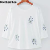 Micchow เสื้อยืด Lee ย้อนยุคสำหรับผู้หญิง,5XL ขนาดพิเศษ100กก. เสื้อคอกลมแขนสามส่วนลำลองลำลองหลวม