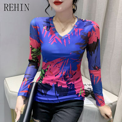 REHIN เสื้อยืดผู้หญิงคอวีแขนยาวแฟชั่นพิมพ์ลายตำแหน่งผ้าตาข่ายแบบบางใหม่