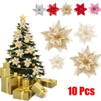 10pcs Christmas Large Poinsettia Glitter Flower Tree Hanging Party Xmas Decor For Home Decor New Year Navidad Pendant Parts Christmas Ornaments