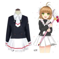 Anime Cosplay Card Captor Sakura Cos Top+Skirt+Tie+Socks+Wigs+Staff Adult Women Halloween Party Girls Kinomoto Sakura