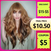 Dark Brown Highlight Curly Synthetic Wigs for Afro Women Long Wavy Blonde Golden Wig With Bangs Daily Party Natural Fiber Hair