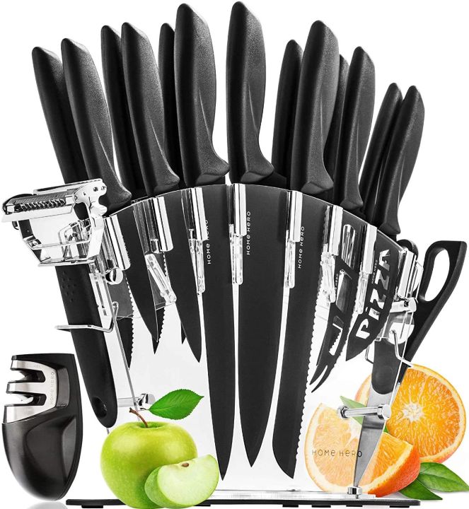  Stainless Steel Knife Set with Block - 17 Piece High Carbon  Carving Set with Knife Sharpener, Bonus Peeler, Scissors, Cheese, Pizza  Knife and Stand - by Mueller Austria: Home & Kitchen