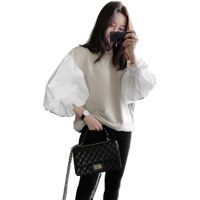 SuperAen Long Sleeve Shirt Women Fashion Lantern Sleeve T Shirt Top Women O Neck Cotton Patchwork  Fall Winter Casual TShirt