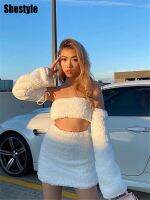 Shestyle Teddy Lazy Faux Fur Fluffy Beige Sexy Luxury Streetwear Party Club Garment Women 2 Two Pieces Set Skirt and Crop Tops