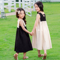 Summer New Girls Dresses Bow Baby Princess Dress Two Colors Patchwork Sleeveless Kids Cotton Dresses for Children, #8291