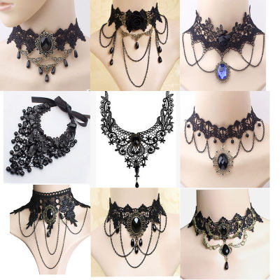 Womens Steampunk Jewelry Womens Black Beaded Choker Vintage Lace Choker Necklace Steampunk Halloween Choker Black Beaded Flower Choker