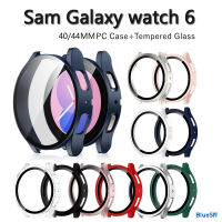 Casing PC สีน้ำเงิน + กระจกสำหรับ Samsung Galaxy Watch 6 40มม. 44มม. ตัวป้องกันหน้าจอคลุมทั้งหมดกรอบเคสกันกระแทก6แบบแข็งฟิล์ม