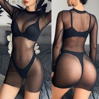 ✳♗❧ Sexy Pure Net Yarn Transparent Long-sleeved Crop Top Women 39;s Sexy Dress Mini Dress Thin Black Dress Tight Dress