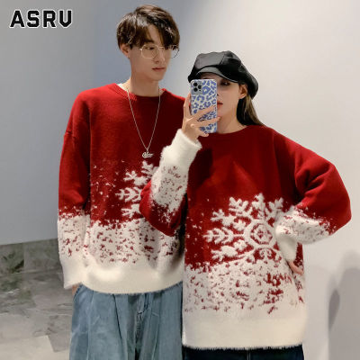 ASRV เสื้อกันหนาว ผช เสื้อกันหนาว ผู้ชาย สเวตเตอร์ชาย sweaters for men เสื้อกันหนาวลายเกล็ดหิมะคริสต์มาสแบบหนาสำหรับผู้ชายเสื้อยืดกันหนาวคอกลมแบบหลวมๆเสื้อกันหนาวสีแดงไฟมาก