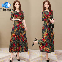 Women Dress Fashion Retro Printed V-neck A-line Long Dress for Casual Formal Party Wearing