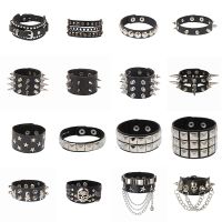 【hot】☍✳❒  2022 Leather Studded Punk Adjustable Goth Cuff Gothic Rivet Buckle Wristband for Men