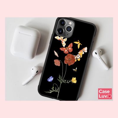 Aesthetic Poppy Flower and Butterfly Black Phone case for her - iPhone 14 pro - iPhone 13 - iPhone 12 - Botany Phone case - Vintage Floral