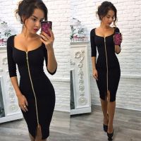 ❧☁✸ GAOKE Sexy Pencil Tight Dress Women Bodycon Sheath Dress Black Long Sleeve Party Dresses Women Front Full Zipper Dress Hot