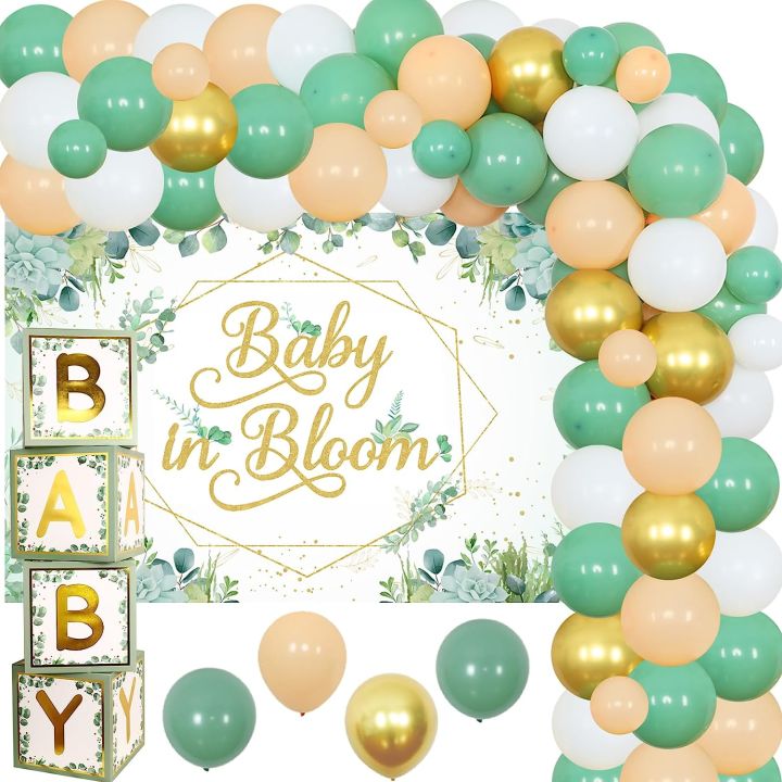 jollyboom-เบบี้บาน-dekorasi-baby-shower-เด็กผู้ชายช่อดอกไม้ประดับสีเขียวบอลลูนอุปกรณ์ทำพวงมาลัยฉากหลังกล่องทารกสีเขียวทารกลายดอกไม้-dekorasi-baby-shower-เด็กผู้ชาย