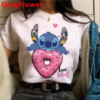 เสื้อยืดลายการ์ตูนดิสนีย์วินเทจสำหรับเสื้อยืดผู้หญิงแฟชั่น Lilo Stitch คู่ฮาราจูกุน่ารักเสื้อยืดวินเทจฮาราจูกุ