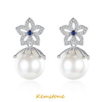 Kemstone Elegant Silver Plated Shiny Zircon Sweet Flower Pearl Dangle Stud Earrings For Women Party Jewelry OL Office Gift