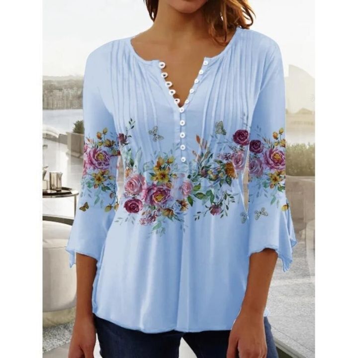 เสื้อยืดแขนยาวคอวีสำหรับผู้หญิง-เสื้อเบลาส์หลวมพิมพ์ลายดอกไม้ใส่สบายเสื้อเชิ้ตลำลองฤดูร้อน2023-s-5xl