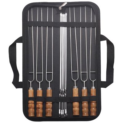 10 PCS/Set Outdoor Camping BBQ Tools Storage Bag Kit Wire BBQ Skewers Wood Handle Grill Roasting Sticks BBQ Tools