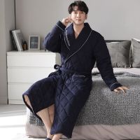 HOT★Mens Luxury ลายสก๊อต Robe ฤดูใบไม้ร่วงฤดูหนาวหนายาวเสื้อคลุมอาบน้ำชายผ้าฝ้ายนุ่ม Dressing Gown Breathable Kimono Bath Robe Plus ขนาด