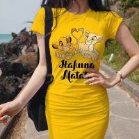 Disney Brand Summer Womens New Korean Temperament Lion King Print Dress Section Short-sleeved Waist Tight Sexy Bag Hip Dress