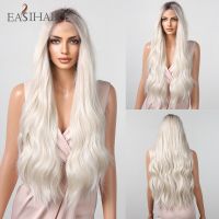 EASIHAIR วิกผมสังเคราะห์ลูกไม้หยักยาวสีบลอนด์แพลตตินัมพร้อมรากเข้มสำหรับผู้หญิงวิกผมลูกไม้สีขาวทองทุกวันทนความร้อนได้