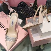 【8.5cm】 Miu Miu High Heel Apricot Patent Leather Stiletto Pointed Diamond Sexy Sheepskin Banquet Office Womens Shoes