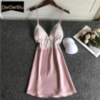 Summer Nightdress Lace Nightwear Satin y Backless Deep V-neck Silk Sleepwear Women Nightgowns Chest Pads Casual Homewear