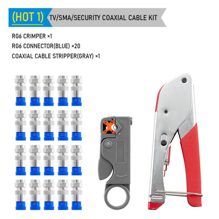 Coaxial Cable Crimping Pliers Set RG6 Wire Stripper Crimper Tool Kit