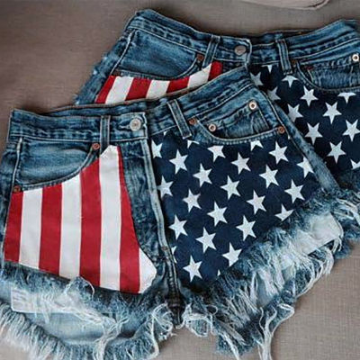 กางเกงยีนส์ยุโรปและอเมริกา wish ยืนอิสระข้ามพรมแดนธงอเมริกันพู่พิมพ์ดาวกางเกงยีนส์ขาสั้นผู้หญิง