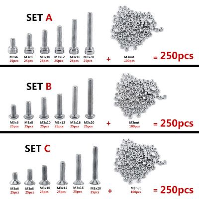 {Haotao Hardware} ชุดสกรูหัวแบน M3สแตนเลส A2 250ชิ้น/เซ็ตพร้อมสลักซ็อกเก็ตหกเหลี่ยมชุดแบ่งประเภทถั่ว