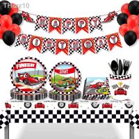 ◙㍿ Racing Car Birthday Party Decor Disposable Tableware Cup Plate Race Ballon Happy Brithday Banner Kids Baby Shower Party Supplies