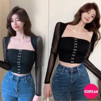 ?Korean Fashion?เสื้อแขนยาวผ้าซีทรู คอกว้างเซ็กซี่ อกแต่งตะขอเกี่ยว ผ้าร่อง แฟชั่น