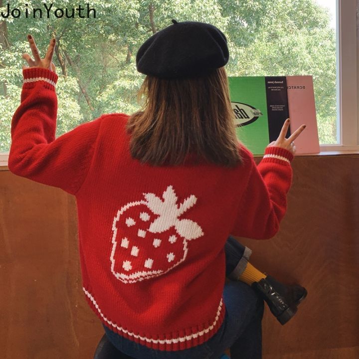 joinyouth-korean-vintage-strawberry-red-sweater-cardigan-women-autumn-sweet-loose-knitted-tops-turn-down-collar-thick-jacket