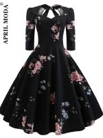 2023 Black Floral Printed Vintage Jurken Long Sleeve Hepburn Dress 1950s 60s 70s Rockabilly Swing Pinup Women Vestidos for Party