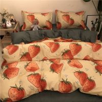 Nordic ins four-piece washing cotton 3 cute cartoon caught the bedspread strawberry quilt bedding