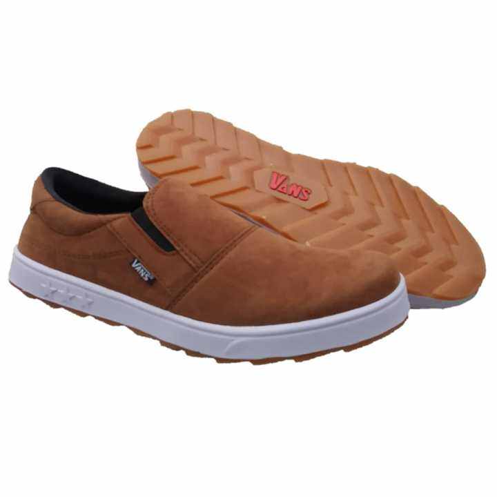 Sepatu Slip On Pria Casual Coklat Brown Slop Kasual Cowok Tanpa Tali