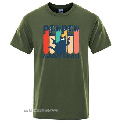 Pew Pew Madafaks Cat Printing Mens T-Shirt Crewneck Soft T-Shirt Breathable Vintage Tops Oversized Casual Tshirts Mens