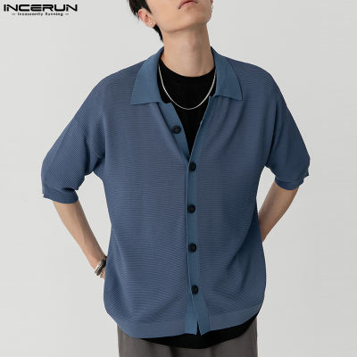INCERUN เสื้อแขนสั้นสำหรับผู้ชายเสื้อยืดอัจฉริยะแบบทางการเสื้อถักเสื้อทีออฟ (สไตล์เกาหลี)