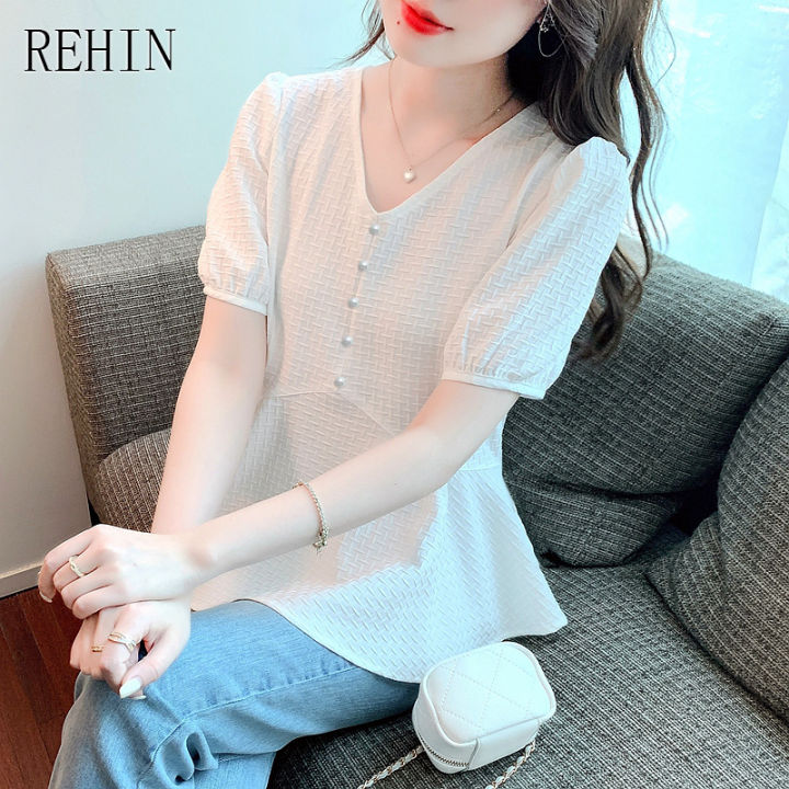 rehin-women-s-top-waist-slimming-bubble-short-sleeved-shirt-summer-new-elegant-age-defying-v-neck-chiffon-blouse