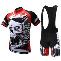 Mens Skull Pattern Cycling Clothing Sets Short Sleeve Breathable Cycling Shirts and Gel Pad Bib Pants Short Pants