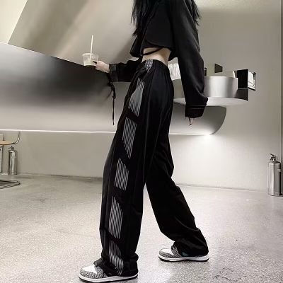 กางเกงวอร์มทรงแบ็กกี้ทรงแบ็กกี้ MODE Korea ผู้หญิงสเวตเตอร์สไตล์ฮิปฮอปสีดำกางเกงขาม้าสไตล์ฮาราจูกุกางเกงสตรีลำลอง