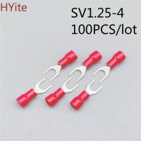 [LWF HOT] SV1.25 4 Red Furcate ส้อม Spade 22 16AWG สายไฟขั้วบีบขั้วต่อสายเคเบิล100ชิ้น/แพ็ค SV1 4 SV