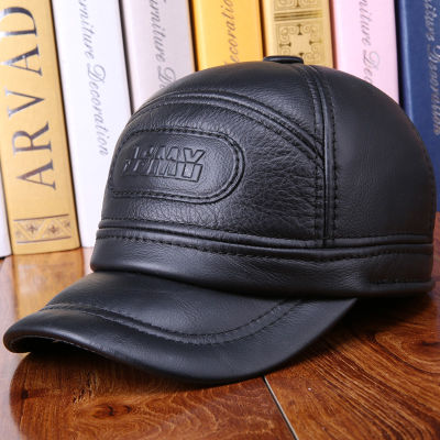 Mens Leather Hat Adult Baseball Cap Genuine Leather Baseball Hat Adult Fashion Outdoor Ear Protection Peaked Cap B-7250