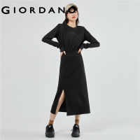 GIORDANO Women Dresses Letter Print Square Shoulder Long Sleeve Dresses Collect Waist Crewneck Fashion Casual Dresses 05463689