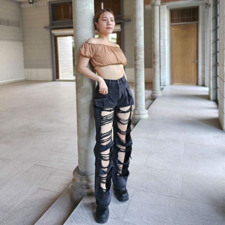 golden-zebra-jeans-กางเกงยีนส์หญิงแต่งขาดสุดแซ่บ-กางเกงยีนส์เอวจีบทรงบอลลูน-ขายาวกระบอกใหญ่เอวสูง