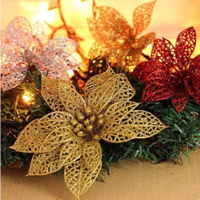 Plastic Simulation Christmas Glitter Hollow Flower Wedding Artificial Flowers Valentines Day Decoration