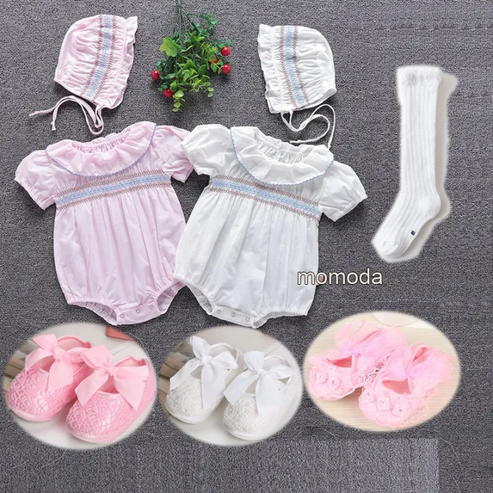 White Newborn Christening Baptismal Romper for Baby Girl Set with Hat
