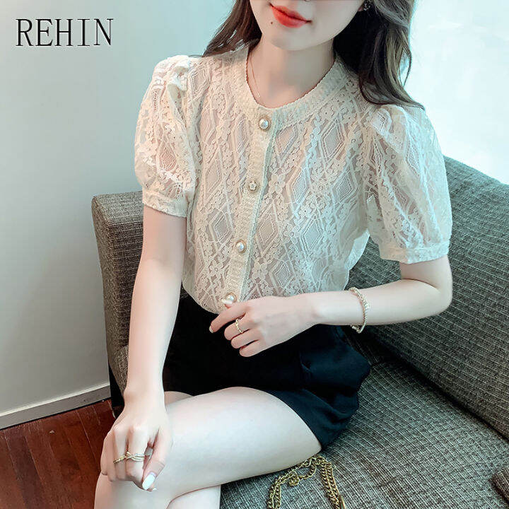 rehin-women-s-top-summer-new-textural-feel-short-sleeved-shirt-lace-hollow-blouse