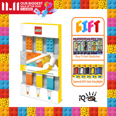 IQ LEGO® 2.0 Stationery 3 Pack Highlighter Markers with 4x2 Building Bricks - Yellow, Orange, Blue. For Adults Kids Highlighting in Home School Office