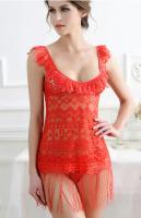 2in1 Sexy Red Lace Tassel Dress ชุดนอนเซ็กซี่สีแดงลูกไม้แต่งพู่ระบาย พร้อมจีสตริงลูกไม้